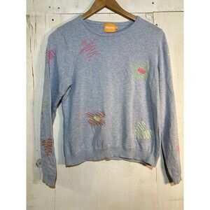 Wispr Sketch Embroidered Silk-Blend Blue Sweater Women's Sz M Whimsy Twee Preppy